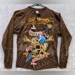 VTG Ed Hardy By Christian Audigier shirt Men’s Medium Brown Long Sleeve Skulls